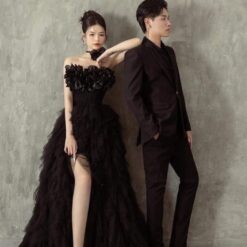 ชุดราตรียาว เกาะอก แต่งดอก สีดำ 3022 Size M - L