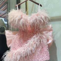 ชุดเดรส ปาดไหล่ ขนนก แต่งกลิตเตอร์ สีชมพู 2098 Size S