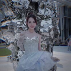 ชุดเดรส เกาะอก แต่งเพชร สีฟ้า 2005 Size M