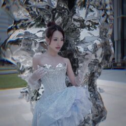 ชุดเดรส เกาะอก แต่งเพชร สีฟ้า 2005 Size M