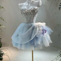 ชุดเดรส เกาะอก แต่งเพชร สีฟ้า 2005 Size M