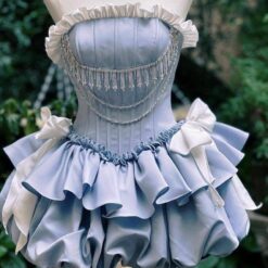 ชุดเดรส เกาะอก แต่งโบว์+เพชร สีฟ้า 2114 Size S