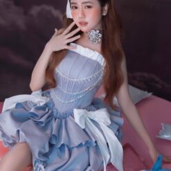 ชุดเดรส เกาะอก แต่งโบว์+เพชร สีฟ้า 2114 Size S