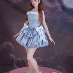 ชุดเดรส เกาะอก แต่งโบว์+เพชร สีฟ้า 2114 Size S