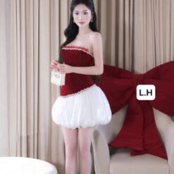 ชุดเดรส เกาะอก แต่งเพชร สีแดง Brand เวียดนามแท้ 2147 Size S-M