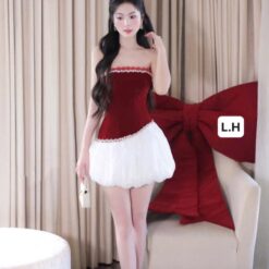 ชุดเดรส เกาะอก แต่งเพชร สีแดง Brand เวียดนามแท้ 2147 Size S-M