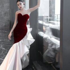 ชุดเดรส เกาะอก  กลิตเตอร์ หางปลา สีแดง แบรนด์แท้ นำเข้า 3034 Size S-M