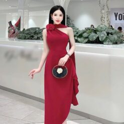 ชุดเดรส คล้องคอ แต่งดอก สีแดง Brand เวียดนามแท้ 2146 Size S-M