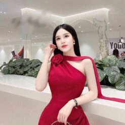 ชุดเดรส คล้องคอ แต่งดอก สีแดง Brand เวียดนามแท้ 2146 Size S-M
