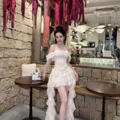 ชุดเดรส ปาดไหล่ ลูกไม้ แต่งระบาย สีขาว-ครีม 2041 Size S,M,L