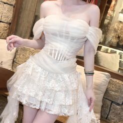 ชุดเดรส ปาดไหล่ ลูกไม้ แต่งระบาย สีขาว-ครีม 2041 Size S,M,L