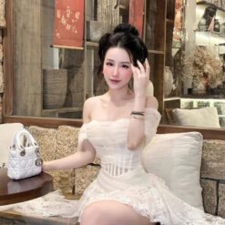 ชุดเดรส ปาดไหล่ ลูกไม้ แต่งระบาย สีขาว-ครีม 2041 Size S,M,L