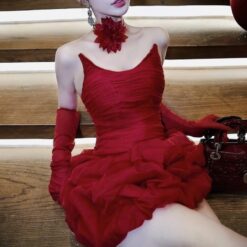 ชุดเดรส เกาะอก ถุงมือ+ดอก สีแดง สีดำ BRAND WABISABI 2142 Size S,M