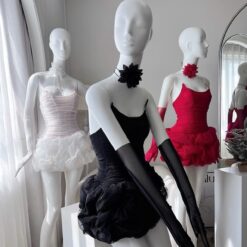 ชุดเดรส เกาะอก ถุงมือ+ดอก สีแดง สีดำ BRAND WABISABI 2142 Size S,M