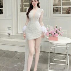 ชุดเดรส กลิตเตอร์ แต่งขน สีขาว 2095 Size M,XXL