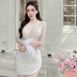 ชุดเดรส กลิตเตอร์ แต่งขน สีขาว 2095 Size M,XXL