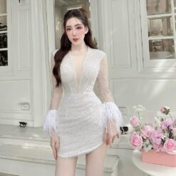 ชุดเดรส กลิตเตอร์ แต่งขน สีขาว 2095 Size M,XXL