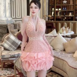 ชุดเดรส คล้องคอแต่งมุก+ถุงมือ สีชมพู Brand HiSo 2145 Size S-M