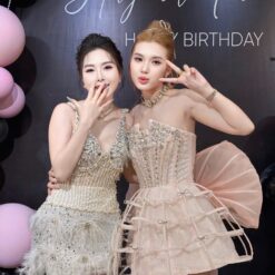 ชุดเดรส เกาะอก แต่งเพชร+โบว์ สีชมพู 2050 Size S,L