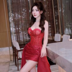 ชุดเดรส เกาะอก แต่งระบายยาว สีแดง 2012 Size S