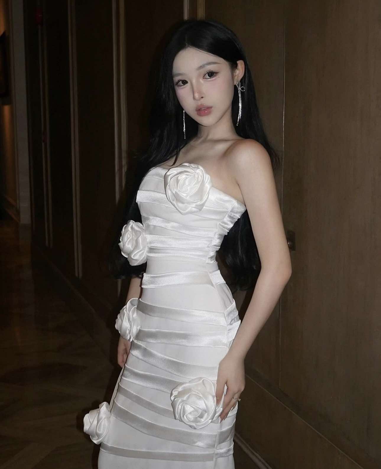 ชุดเดรส เกาะอก แต่งดอก สีขาว BRAND MAEL 3038 Size S-M - Image 9