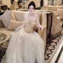 ชุดราตรี เกาะอก แต่งเพชร สีขาว-ครีม Brand HiSo 3043 Size S-M