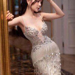 ชุดเดรส-ราตรี แต่งเพชร สีขาว Brand HiSo 3040 Size S-M