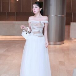 ชุดราตรี ปาดไหล่ สีขาว ZEN LULU 3067 SIZE S-M