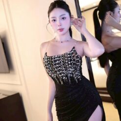 ชุดเดรส-ราตรี สีดำ เกาะอก แต่งเพรช ZEN LULU 3068 ZIZE S-M