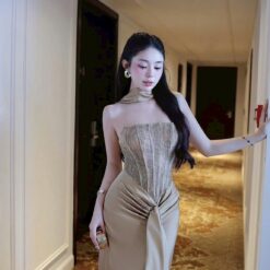 ชุดเดรส-ราตรี เกาะอก สีครีมทอง ZEN LULU 3069 SIZE S-M