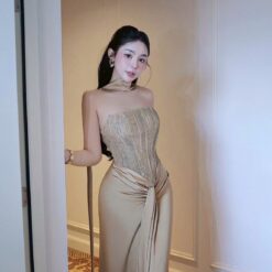 ชุดเดรส-ราตรี เกาะอก สีครีมทอง ZEN LULU 3069 SIZE S-M