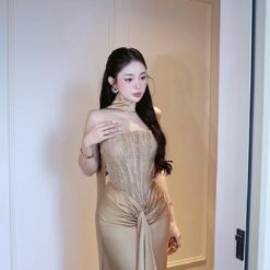 ชุดเดรส-ราตรี เกาะอก สีขาว สีครีมทอง ZEN LULU 3069 SIZE S-M