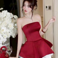 ชุดเดรส เกาะอก กระโปรงบาน สีแดง ดอกกุหลาบขาว TRANALI 2203 SIZE S-M