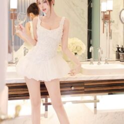 ชุดเดรส สายเดียว แต่งดอกกุหลาบ สีขาว TRANALI 2206 SIZE S-M