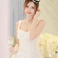 ชุดเดรส สายเดียว แต่งดอกกุหลาบ สีขาว TRANALI 2206 SIZE S-M