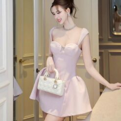 ชุดเดรส โบว์เพรช สีม่วงอ่อน สีขาวครีม TRANALI 2189 SIZE S-M