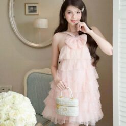 ชุดเดรส แต่งโบว์ สีชมพู TRANALI 2208 SIZE S-M