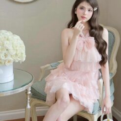 ชุดเดรส แต่งโบว์ สีชมพู TRANALI 2208 SIZE S-M