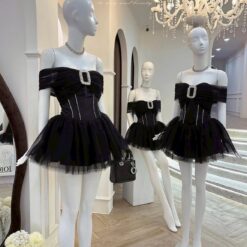 ชุดเดรส ปาดไหล่ แต่งเพรช ZEN LULU 2191 SIZE S-M