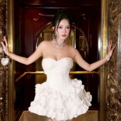 ชุดเดรส เกาะอก กระโปรงบาน สีขาว สีดำ สีชมพู ZEN LULU 2195 SIZE S-M-L