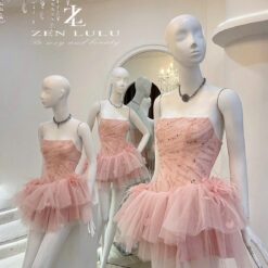 ชุดเดรส เกาะอก กระโปรงฟู แต่งขน สีดำ สีแดง สีชมพู  ZEN LULU เวียดนาม 2200 SIZE S-M