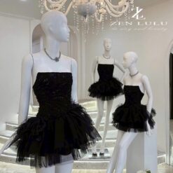 ชุดเดรส เกาะอก กระโปรงฟู แต่งขน สีดำ สีแดง สีชมพู  ZEN LULU เวียดนาม 2200 SIZE S-M