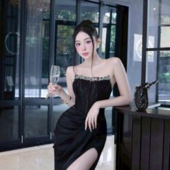 ชุดเดรส-ราตรี เกาะอก แต่งเพรช สีดำ สีขาว สีครีมทอง ZEN LULU 3065 SIZE S-M