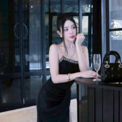 ชุดเดรส-ราตรี เกาะอก แต่งเพรช สีดำ  สีขาว สีครีมทอง ZEN LULU 3065 SIZE S-M