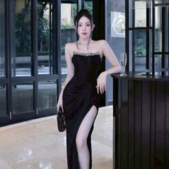 ชุดเดรส-ราตรี เกาะอก แต่งเพรช สีดำ  สีขาว สีครีมทอง ZEN LULU 3065 SIZE S-M