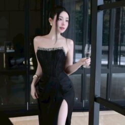 ชุดเดรส-ราตรี เกาะอก แต่งเพรช สีดำ  สีขาว สีครีมทอง ZEN LULU 3065 SIZE S-M