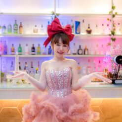 ชุดเดรส ฟูฟอง แต่งเพชร สีชมพู แบรนด์แท้ นำเข้า 2174 Size S-M