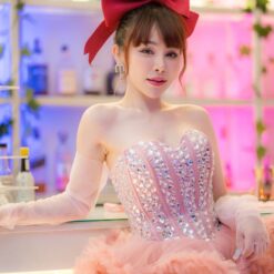 ชุดเดรส ฟูฟอง แต่งเพชร สีชมพู แบรนด์แท้ นำเข้า 2174 Size S-M