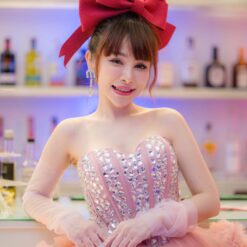 ชุดเดรส ฟูฟอง แต่งเพชร สีชมพู แบรนด์แท้ นำเข้า 2174 Size S-M