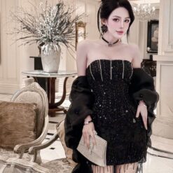 ชุดเดรส เกาะอก แต่งเพชร + ดอก สีชมพู สีดำ Brand HiSo 2185 Size S-M